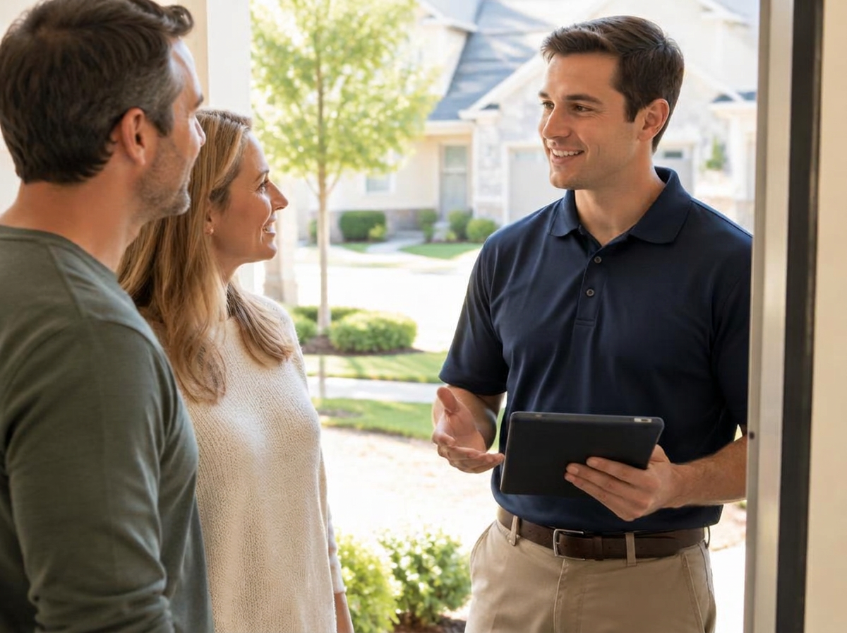 Technician speaking with homeowners at their front door